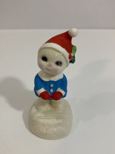 Vintage Christmas SNOW BABY GIRL card  holder Figurine PIXIE SANTA SNOWMAN Japan - Foto 1 di 8