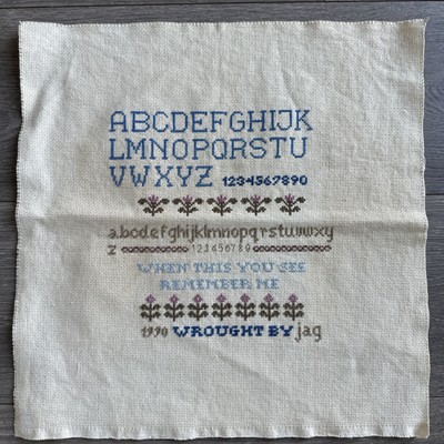 Vintage Handmade Cross Stitch Alphabet Numbers Sampler Unframed 15  X 15  1990