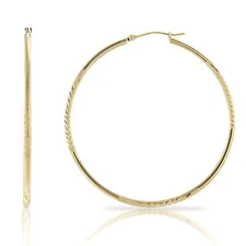 14K Real Solid Gold 2" Large Floral Diamond-Cut Hoop Earrings Lightweight Hoops