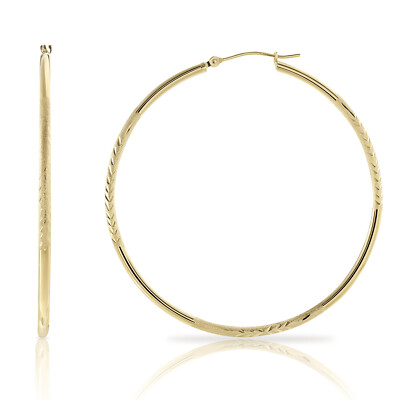14K Real Solid Gold 2'' Large Floral Diamond-Cut Hoop Earrings Lightweight Hoops