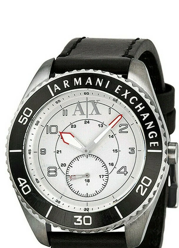 NEW ARMANI EXCHANGE SILVER BLACK TONE BLACK LEATHER BAND RED ACCENT WATCH AX1260