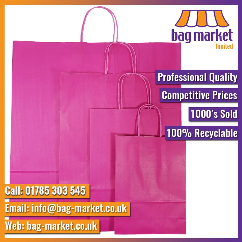 Pink Cerise Paper Bags with Twist Handles, Strong Gift Carrier Bags, Party, Shop - Image 2 of 4