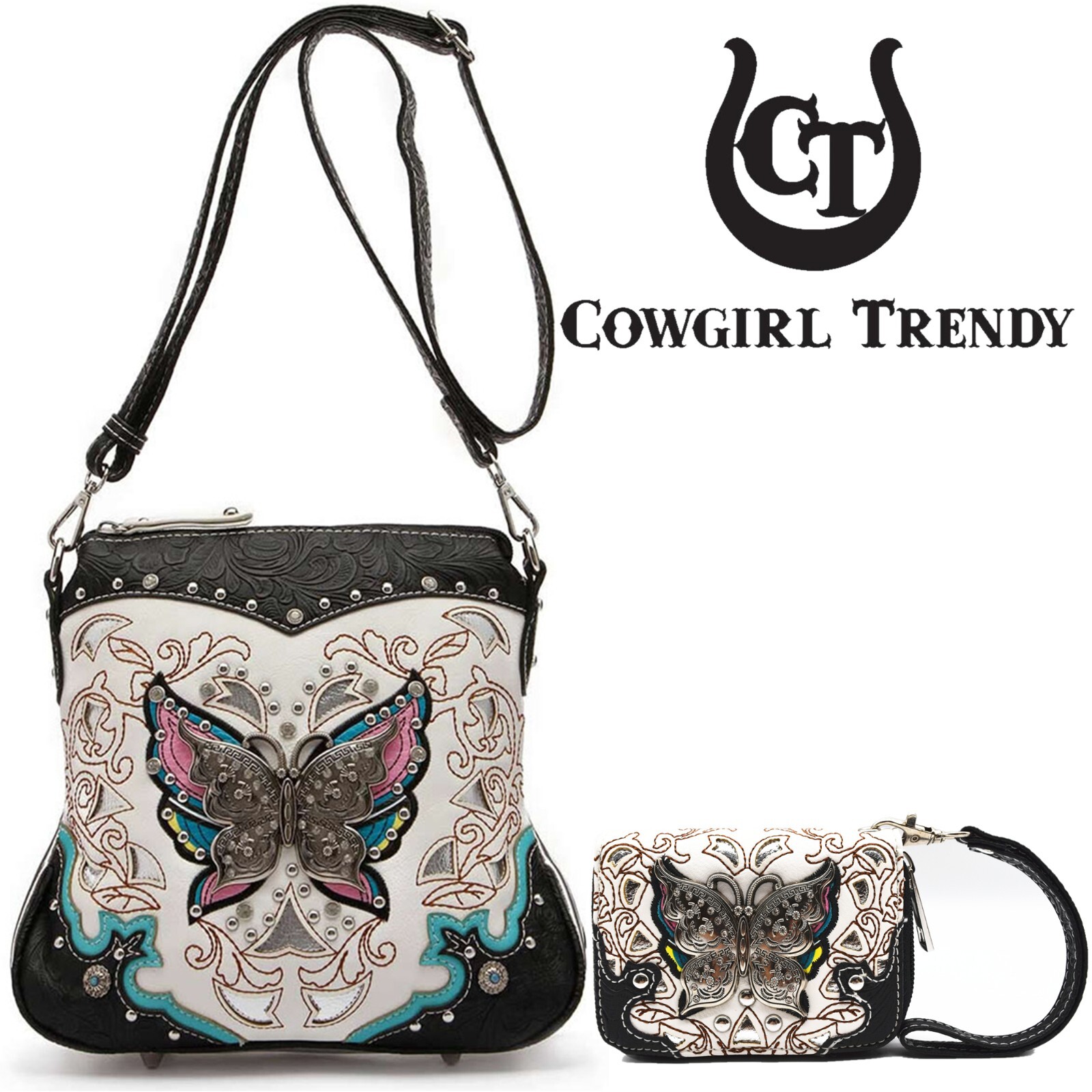 Western Butterfly Studded Leather Purse Women Crossbody Bag Card Holder Wallet