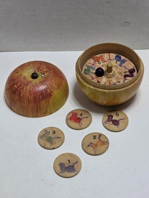 Antique Wooden Treen Apple Horse Racing Steeplechase Gambling Roulette Game 1930