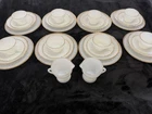 Vintage Anchor Hocking Milk Glass 8 Place Setting FIRE KING Swirl Gold Rim 34Pc