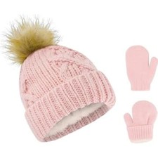 Fleece Lined Toddler Beanie Mittens Set Blush Pink 12-24 Months Winter Baby