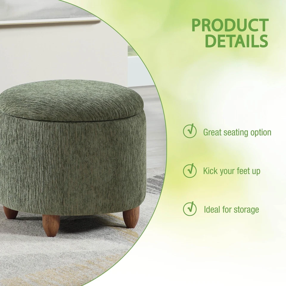 Otomana de almacenamiento redonda contemporánea Lyra con tapa despegable, tela verde pino Foto 4 de 4