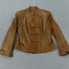 Worth Women's Brown Leather Moto Jacket Asymmetrical Zip Button Detail Size 10
