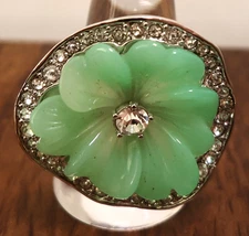 Kenneth Jay Lane ring faux jade green flower crystal halo silvertone Size 7