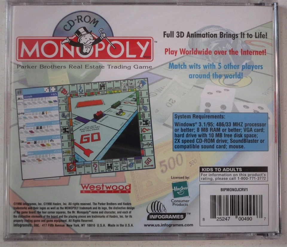 Video Game PC Monopoly the original classic board game 1998 NEW SEALED Jewel - Image 2 of 2