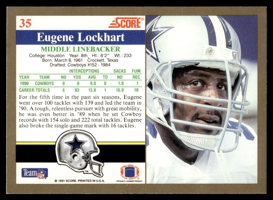 1991 Score ! Eugene Lockhart Dallas Cowboys #35 - Image 2 of 2