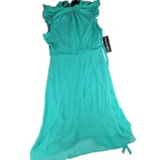 Nina Leonard Teal Sheer Ruffle Neck Midi Dress Women's