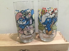 Set of 2 Smurfs 1983 Peyo Drinking Glasses- Party Collection PAPA HARMONY USED!!