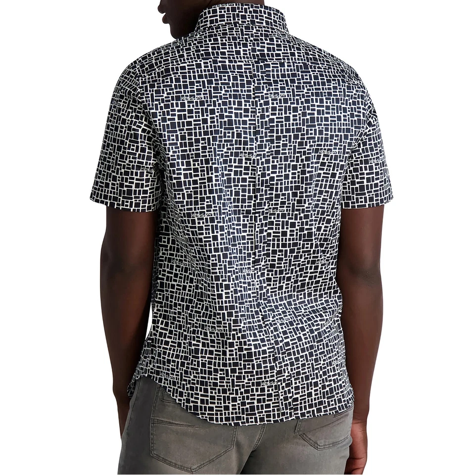 Karl Lagerfeld Paris 男式几何图案按扣 SS 衬衫黑色/白色 — 第 3/4 张图片