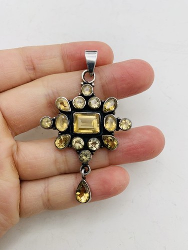 Vintage Sterling Silver Yellow Citrine Gemstone Multi Gemstone Starburst Pendant