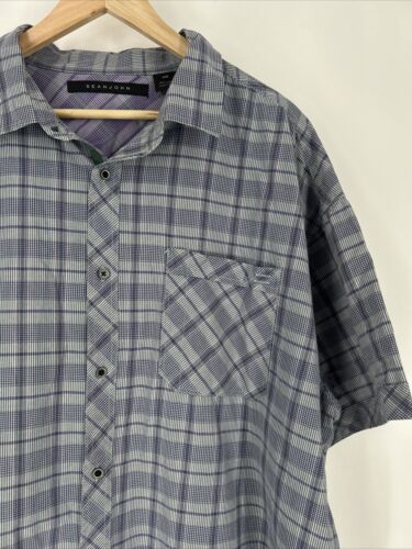 Sean John Shirt Mens 3XL Grey Plaid 100% Cotton Button Up Pocket Short Sleeve