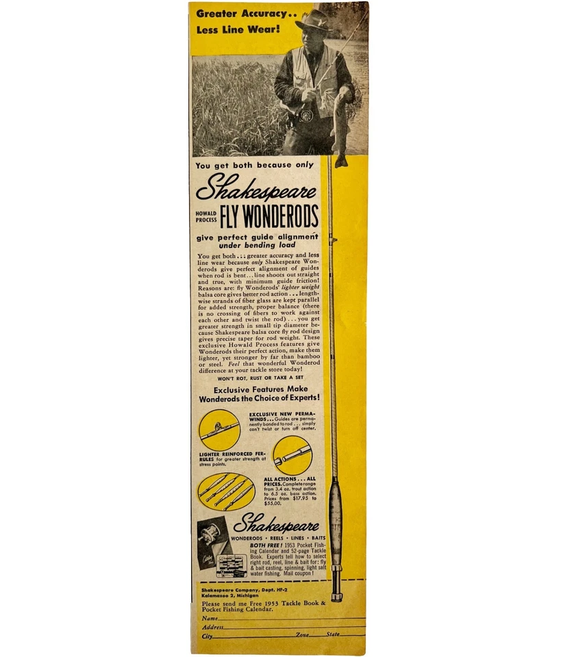 Shakespeare pesca com mosca Wonderods 1953 anúncio esportes ao ar livre DWDD20 - Imagem 2 de 2