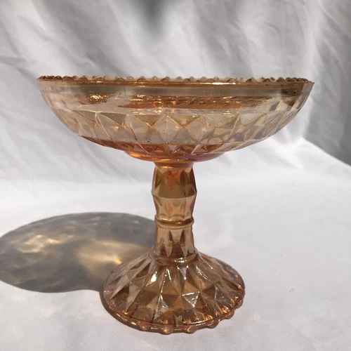 Jeanette Windsor Marigold Peach Glass Pedestal Compote Candy Nut Dish Bowl