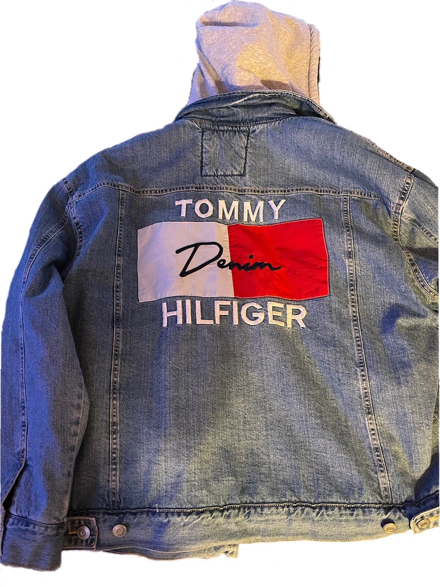 TOMMY HILFIGER Blue Denim BIG BACK PATCH Spell-Out Flag Logo JEANS JACKET | eBay