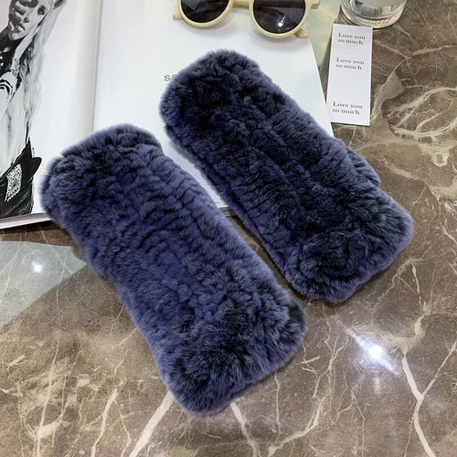 Womens Winter Real Rabbit Fur Gloves Knitted Stretch Fingerless Mitten Gloves - Picture 43 of 102