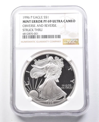 1996-P American Silver Eagle Error PF69 Obverse Reverse Struck Thru NGC *1792