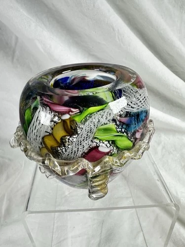 Vintage Murano Tutti Frutti Glass Vase Millefiori Gold Aventurine Made in Italy