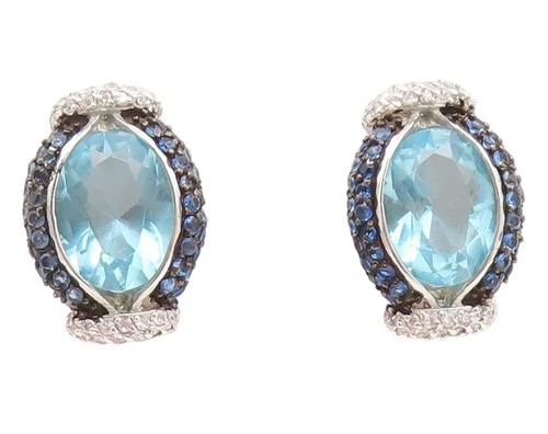 925 Sterling Silver Vintage Earrings Blue Topaz & Halo Sapphire Studs  EG14155
