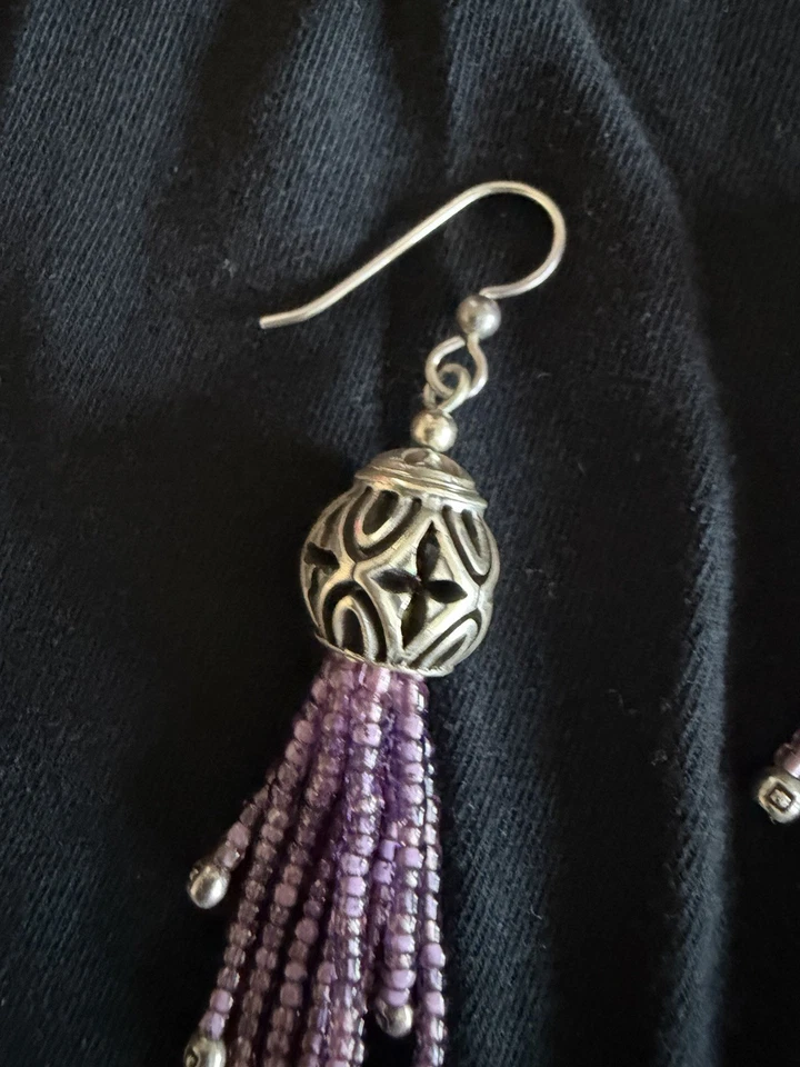 Pendientes Brighton Boho Raíces Borla Púrpura Cuentas de Lluvia Cuelgan Placa Plata Foto 3 de 4