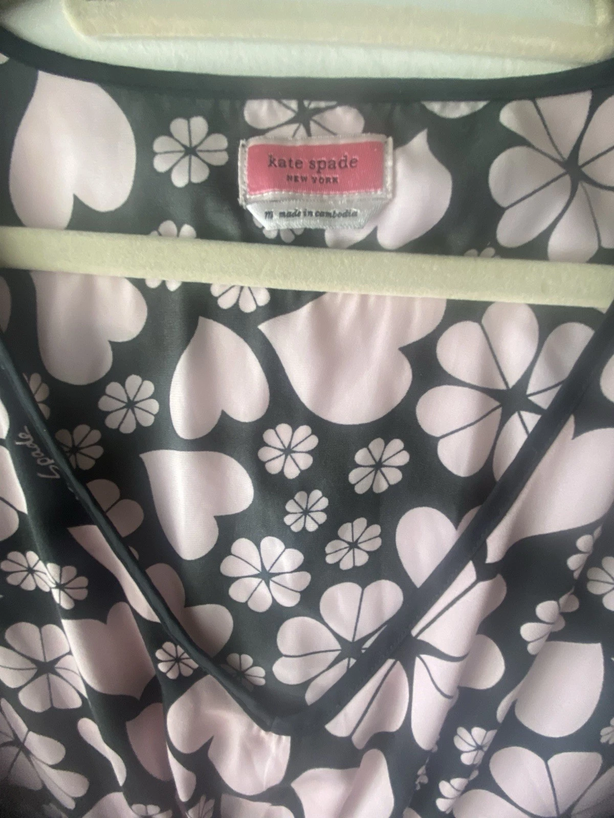 Camicia da notte Kate Spade New York quadrifoglio cuore tessuto caftano nero rosa taglia M L