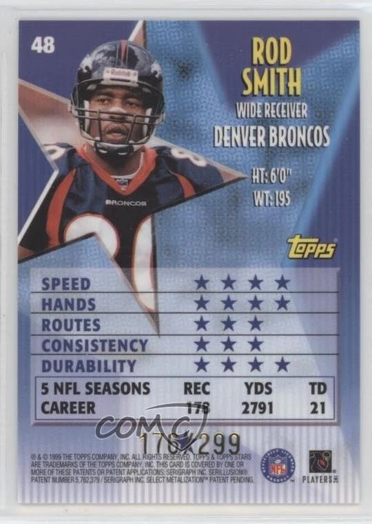 1999 Topps Stars One Star Parallel /299 Rod Smith #48 - Image 2 of 2