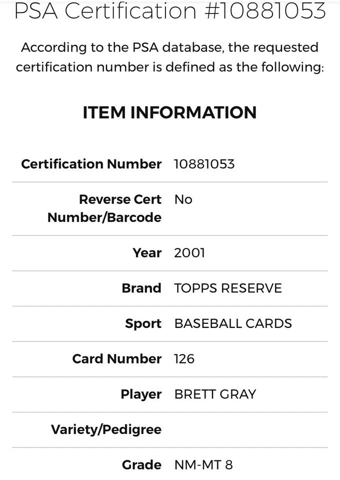 2001 Topps Reserve Uncirculated Auto RC 204/1500 PSA NM-MT 8 Brett Gray #126 - Image 4 of 4