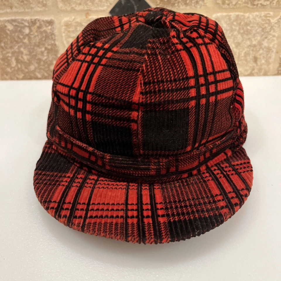 Vintage Deadstock 1960s Corduroy Trapper Hat Cap Ear Flaps 7 1/8 Buffalo Plaid - Image 2 of 4