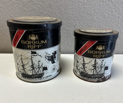 Vintage Borkum Riff Tobacco Ship Tin Set Filled With Matches & Nuts Bolts  Screws