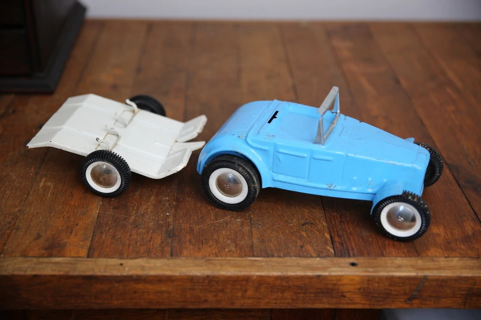 Ford Roadster Buddy L Pressed Steel Toy Hotrod White Motorcycle Trailer Vintage - Image 3 of 4