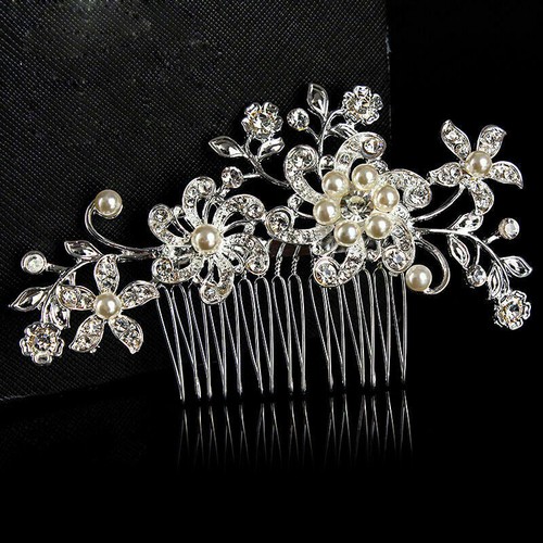 Peine de pelo con perlas y flores de boda nupcial clip diamante para mujer - Imagen 5 de 7