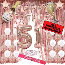 51st Birthday Rose Gold Decorations - 40" Number Balloons, Foil Curtains  More