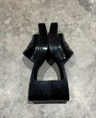 GUCCI 'Plastique' Logo Rubber Heeled Mule Slide Sandals Black 38