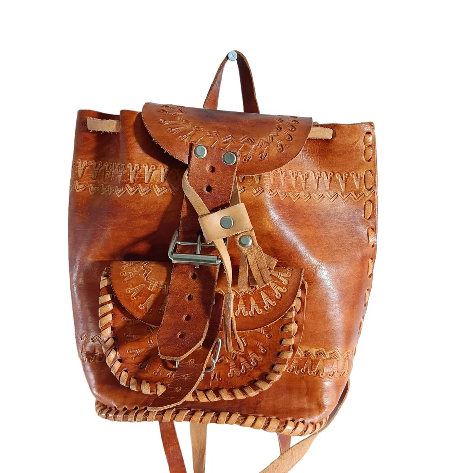 Tooled Leather Carmel Brown 10" Backpack W/ Embroidered Floral Crossbody Purse  - Image 4 of 4