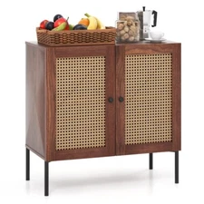 Kitchen Cupboard Sideboard Storage Cabinet w/2 Rattan Doors & Adjustable Shelf
