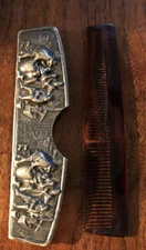 Vintage Old World Hair Comb Denmark Pewter Barber Shop Tortoise Primative Art
