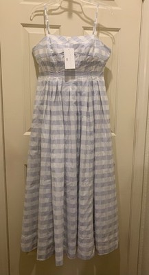 Caroline Constas Blue White Shadow Check Cotton Pleated Maxi SunDress M --NWT