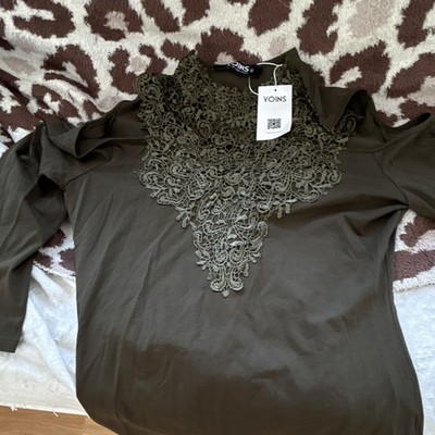 YOINS Women's green Lace Solid Round Neck 3/4 Sleeve Pullover Blouse XL