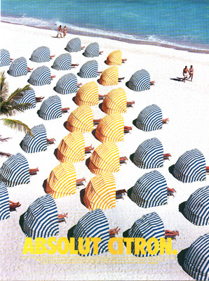 2001 Absolut Citron Vodka Print Ad Yellow Blue Striped Beach Cabana Tent Vtg
