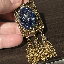 Vintage Goldtone Blue Czech Art Glass Flecks Tassels Pendant