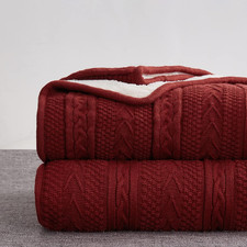 Acrylic Cable Knit Sherpa Throw Blanket - Thick, Soft, Big, Cozy Wine Red Knitte