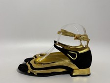 Vtg Prada SS2008 Gold Leather  Black Suede Sandal Heels 35.5