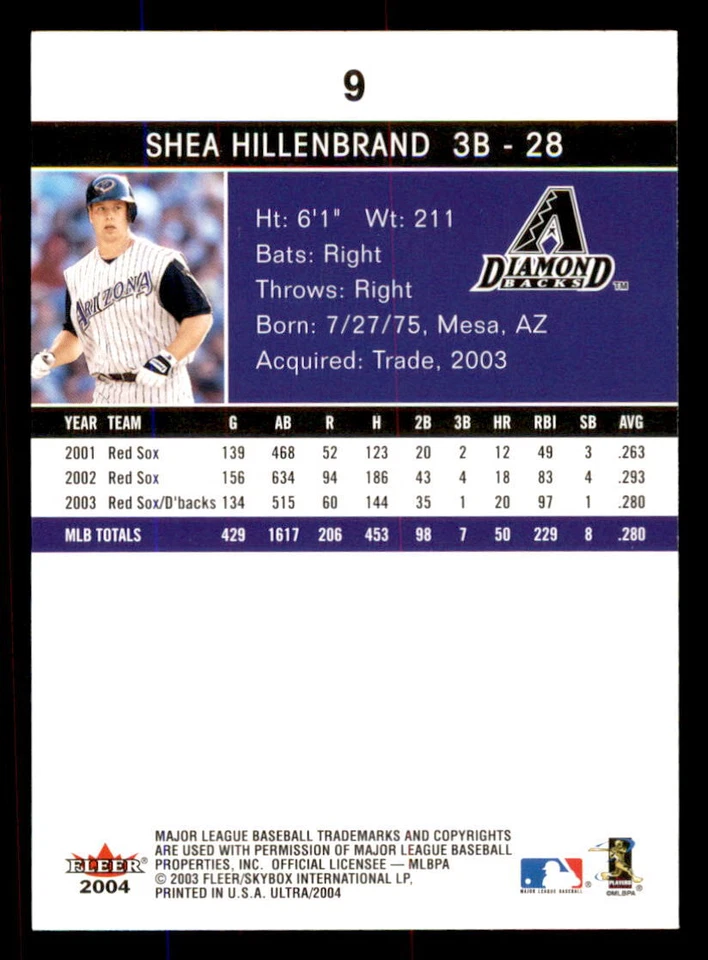 2004 Ultra  #9 Shea Hillenbrand Arizona Diamondbacks - Image 2 of 2