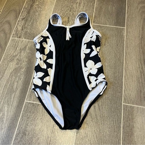 Raisins Kid's Black & White Floral Sporty One Piece Swimsuit - Picture 2 of 7