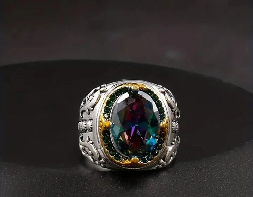 Vintage Engraved Ring With Multicolor Zircon, 925 Silver.  Ring Size 13