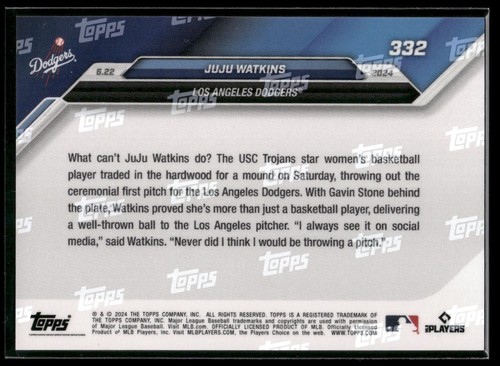 2024 Topps Now JuJu Watkins Lanza 1er Lanzamiento Los Angeles Dodgers #332 SP 🔥 - Imagen 2 de 2